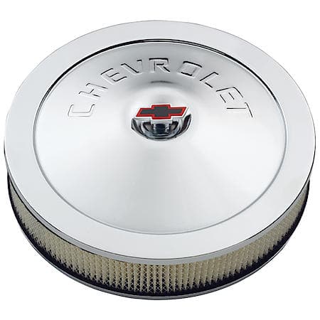 Air Cleaner w/ Center Nut, Chrome, Embossed Chevrolet Lettering Design, Stamped Steel, 14" Dia.